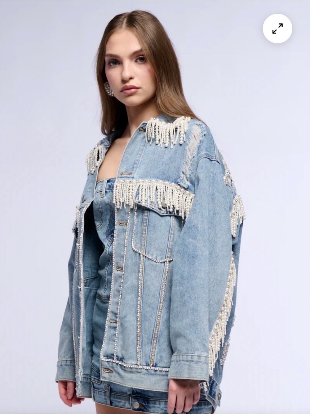 AKIRA Light Blue Denim Jacket with Pearl Fringe Embellishment